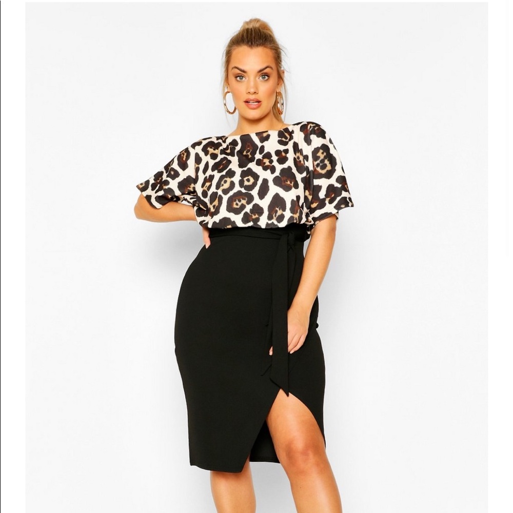Plus Leopard Contrast Wrap Midi Dress